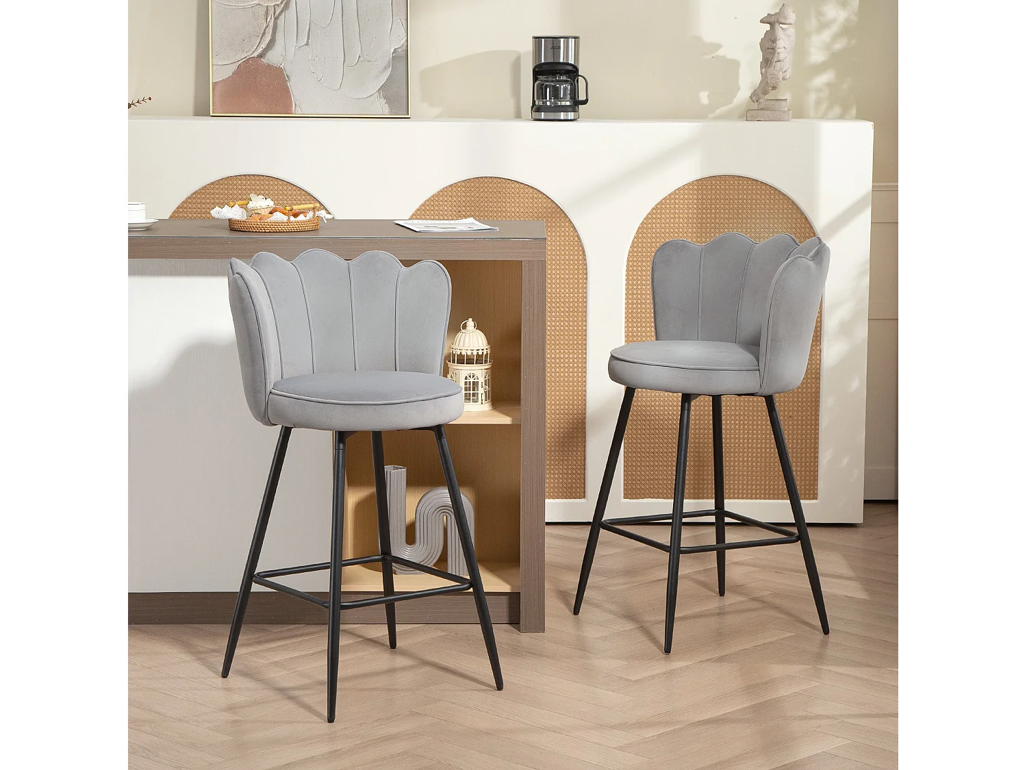 Ramette Velvet Grey Lotus Bar Stools Set of 2 Sculpted High Back Armless Steel Legs