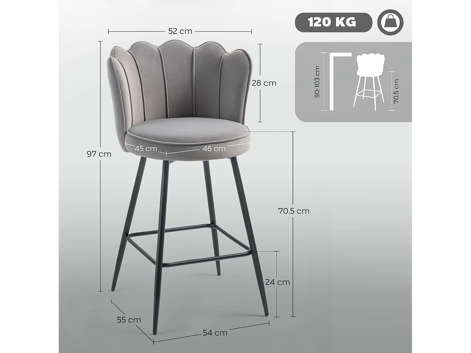 Ramette Velvet Grey Lotus Bar Stools Set of 2 Sculpted High Back Armless Steel Legs