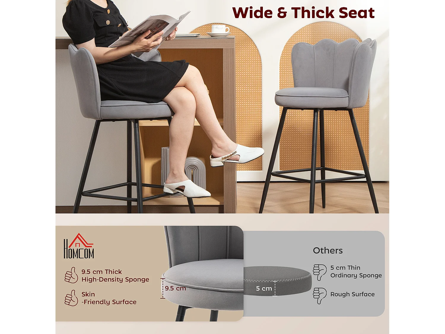Ramette Velvet Grey Lotus Bar Stools Set of 2 Sculpted High Back Armless Steel Legs
