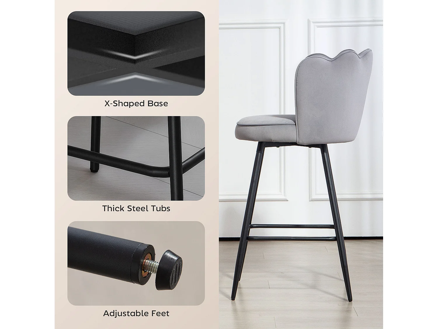Ramette Velvet Grey Lotus Bar Stools Set of 2 Sculpted High Back Armless Steel Legs