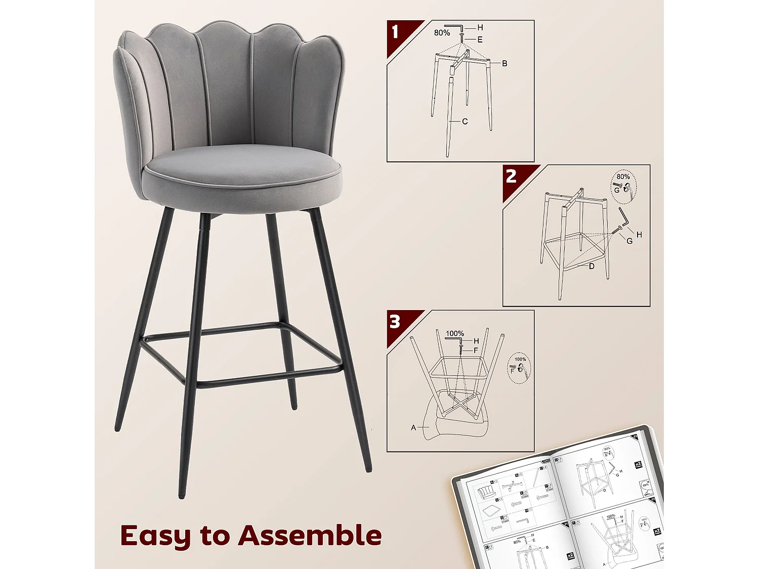 Ramette Velvet Grey Lotus Bar Stools Set of 2 Sculpted High Back Armless Steel Legs