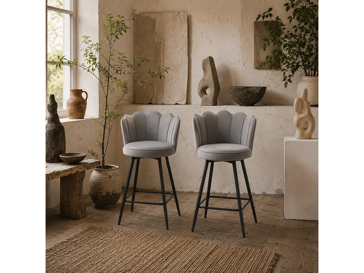 Ramette Velvet Grey Lotus Bar Stools Set of 2 Sculpted High Back Armless Steel Legs