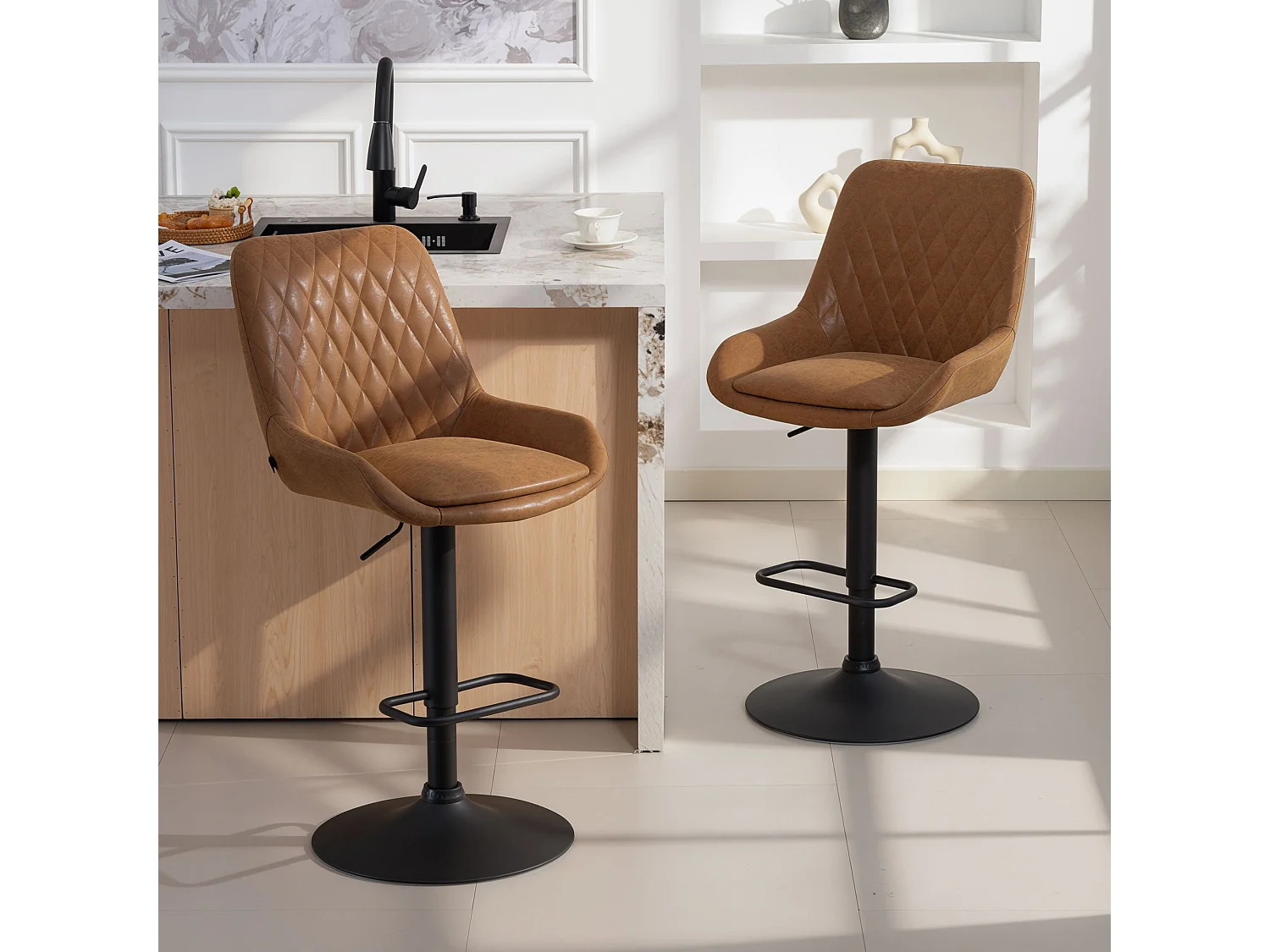Set of 2 Tan Faux Leather Retro Bar Stools Adjustable Swivel Seats