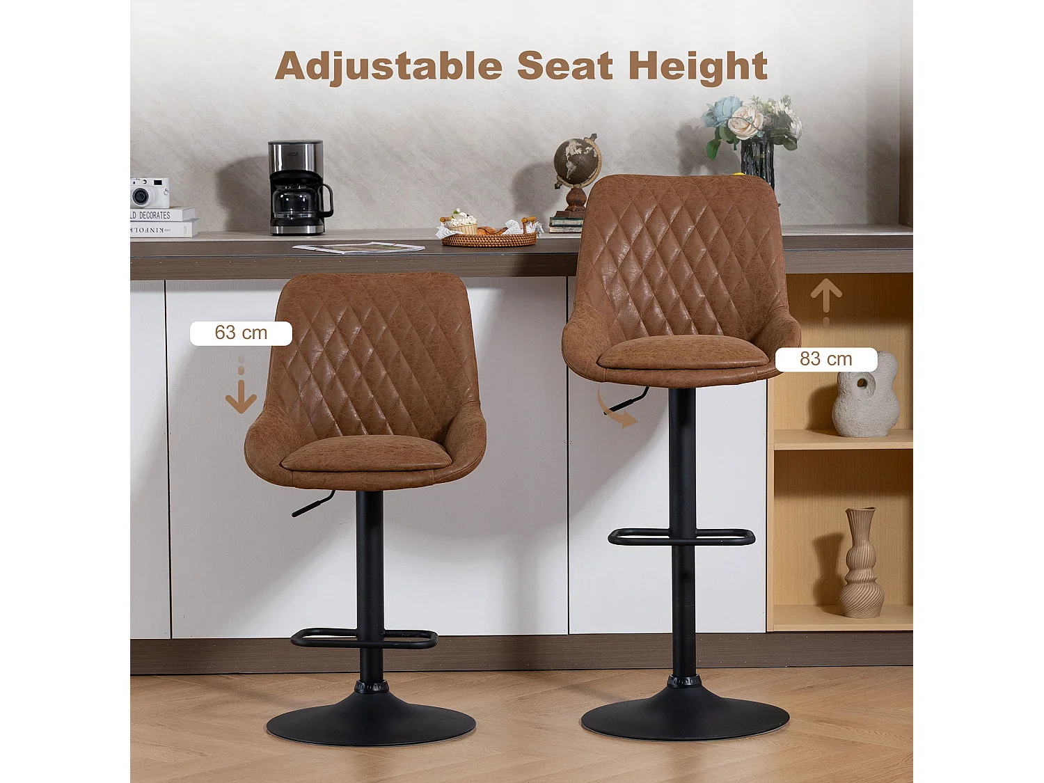 Set of 2 Tan Faux Leather Retro Bar Stools Adjustable Swivel Seats