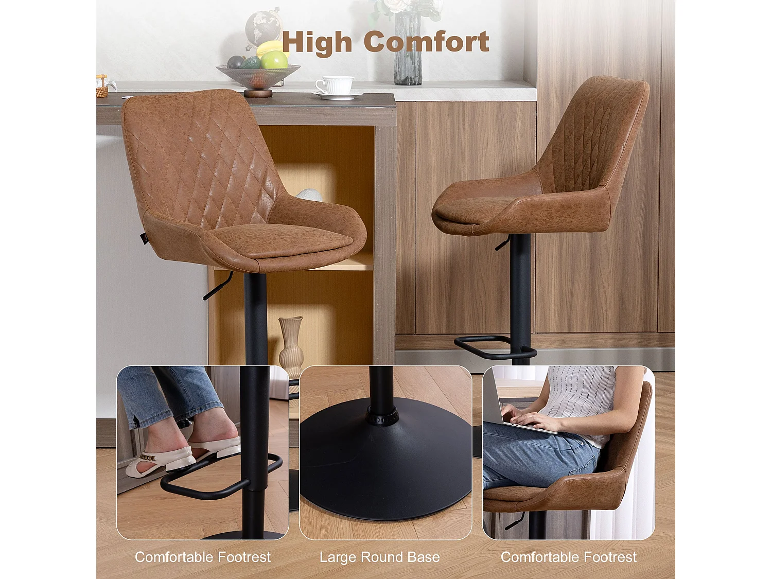 Set of 2 Tan Faux Leather Retro Bar Stools Adjustable Swivel Seats