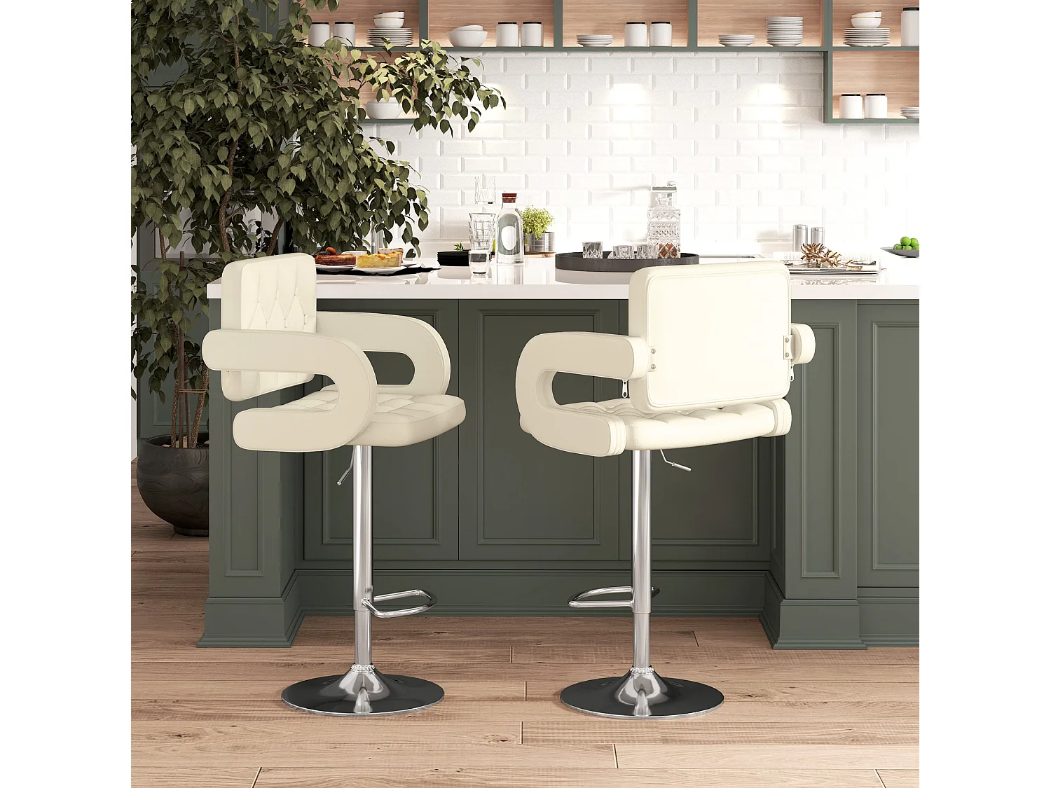 Senoke White Faux Leather Adjustable Swivel Bar Stools Set of 2 with Back and Arm Support
