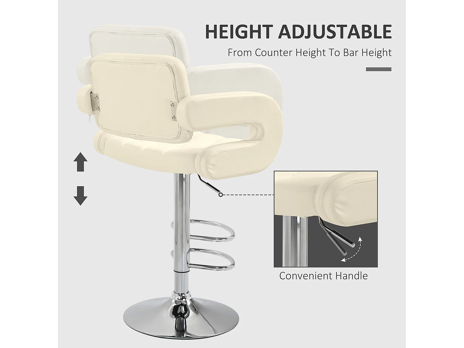 Senoke White Faux Leather Adjustable Swivel Bar Stools Set of 2 with Back and Arm Support