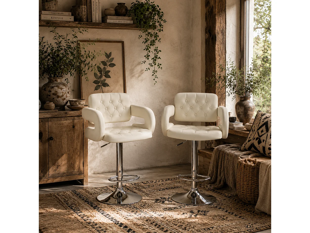 Senoke White Faux Leather Adjustable Swivel Bar Stools Set of 2 with Back and Arm Support