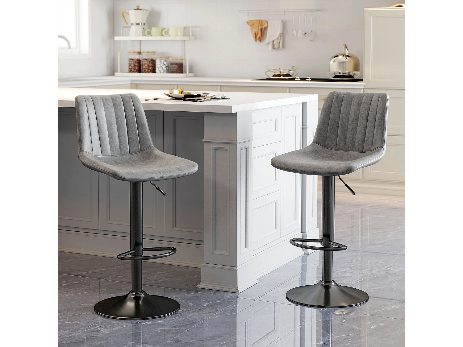 Doneha Faux Leather Grey Adjustable Breakfast Bar Chairs Set of 2 Upholstered Swivel Stools
