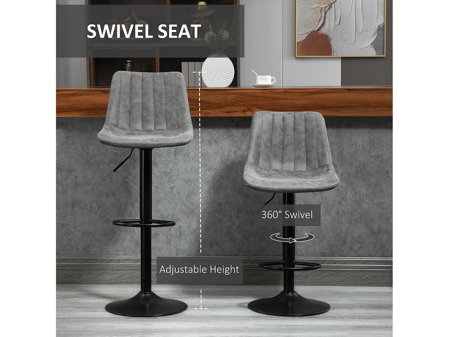 Doneha Faux Leather Grey Adjustable Breakfast Bar Chairs Set of 2 Upholstered Swivel Stools
