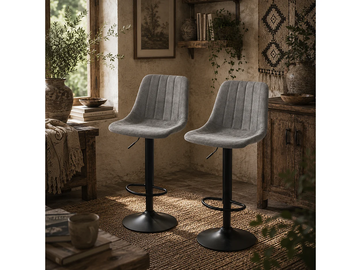 Doneha Faux Leather Grey Adjustable Breakfast Bar Chairs Set of 2 Upholstered Swivel Stools