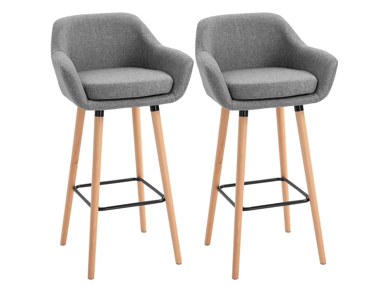 Nonozzi Grey Fabric Bar Stools Set of 2 Solid Wood Legs Metal Frame