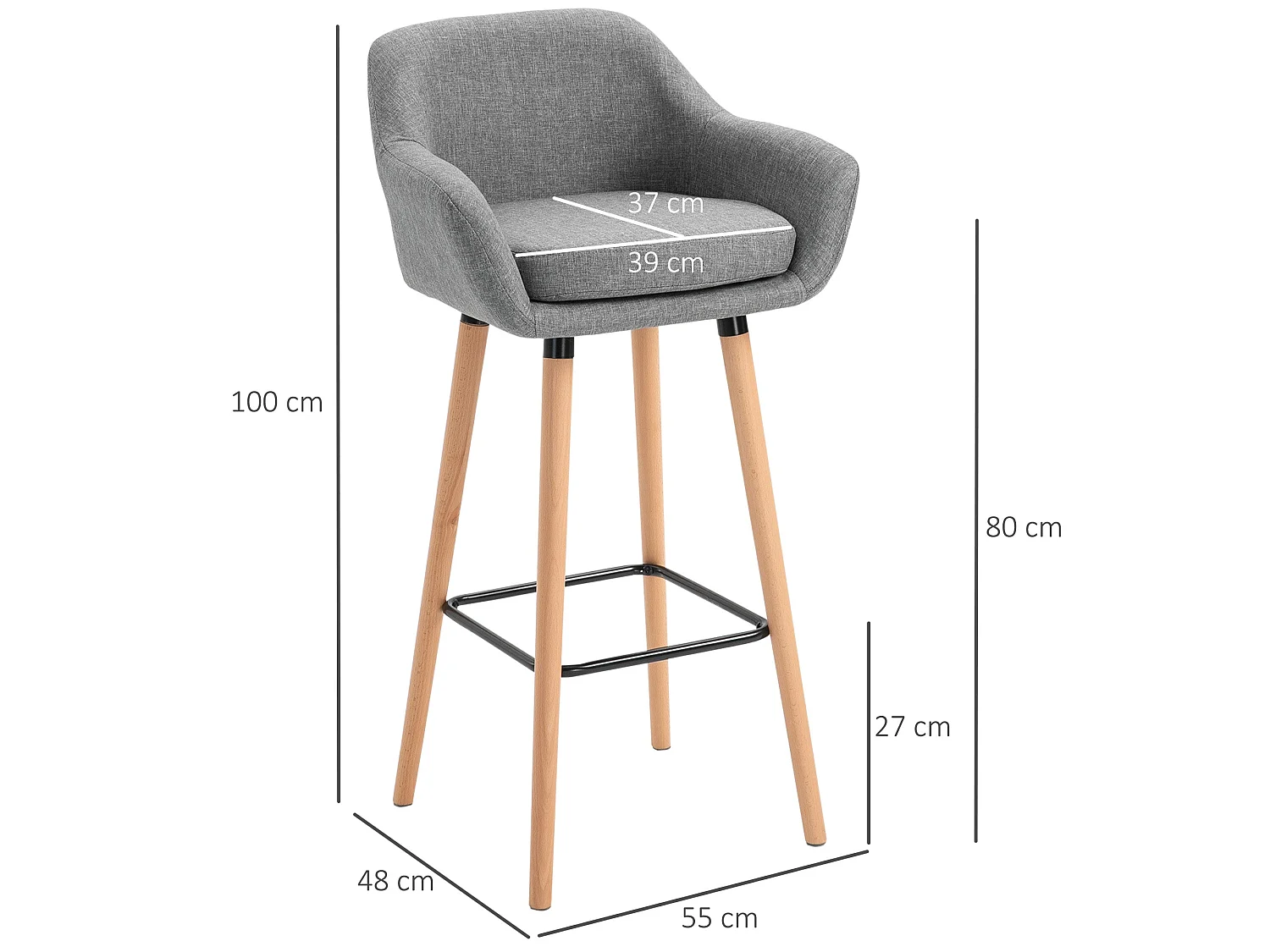 Nonozzi Grey Fabric Bar Stools Set of 2 Solid Wood Legs Metal Frame