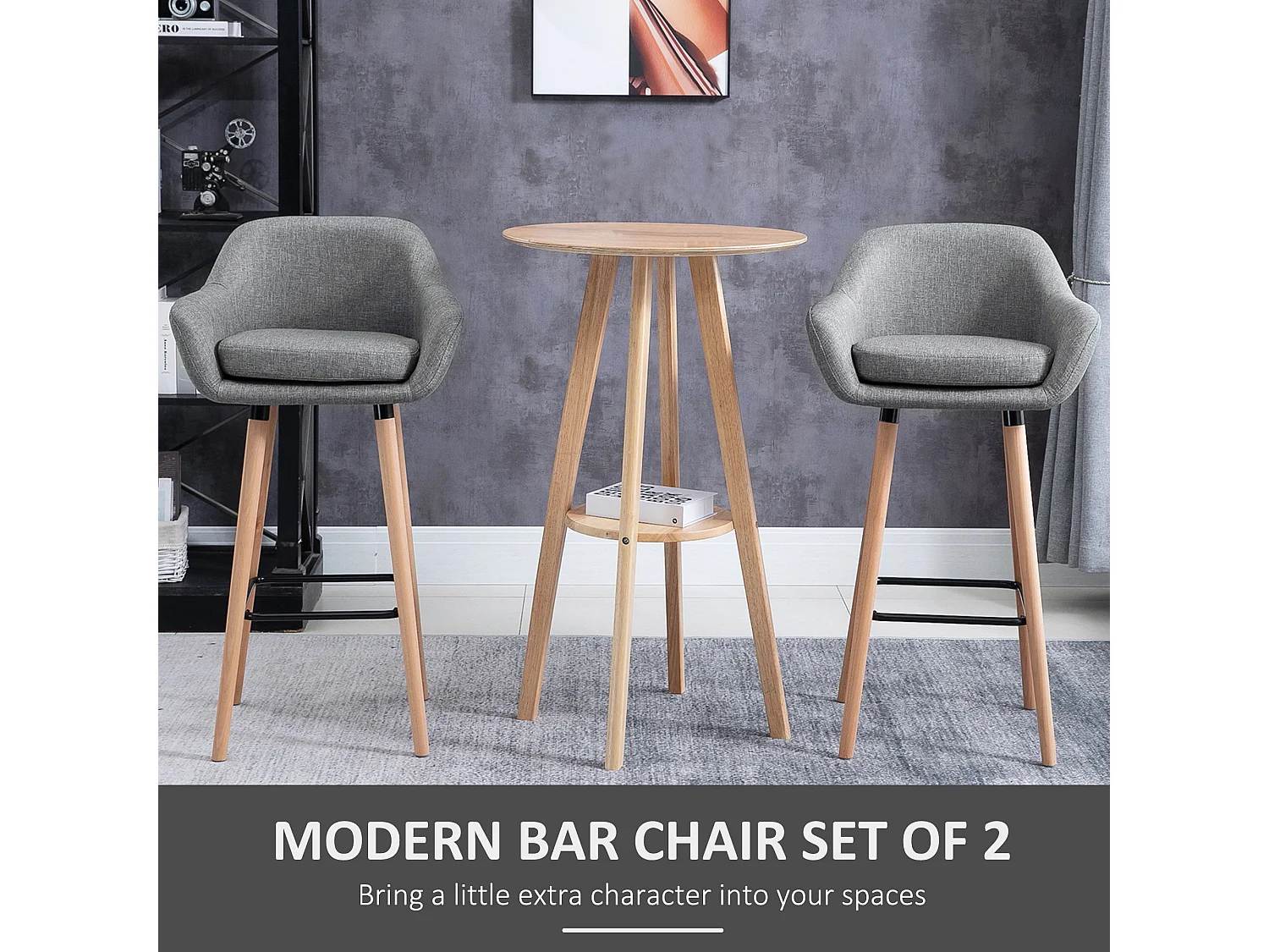 Nonozzi Grey Fabric Bar Stools Set of 2 Solid Wood Legs Metal Frame