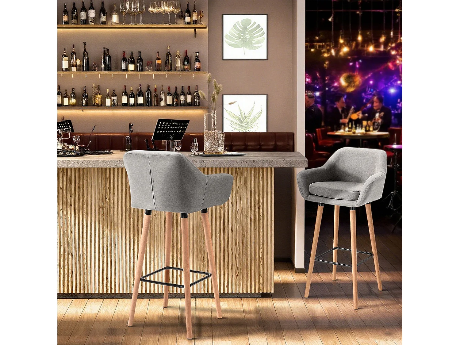 Nonozzi Grey Fabric Bar Stools Set of 2 Solid Wood Legs Metal Frame
