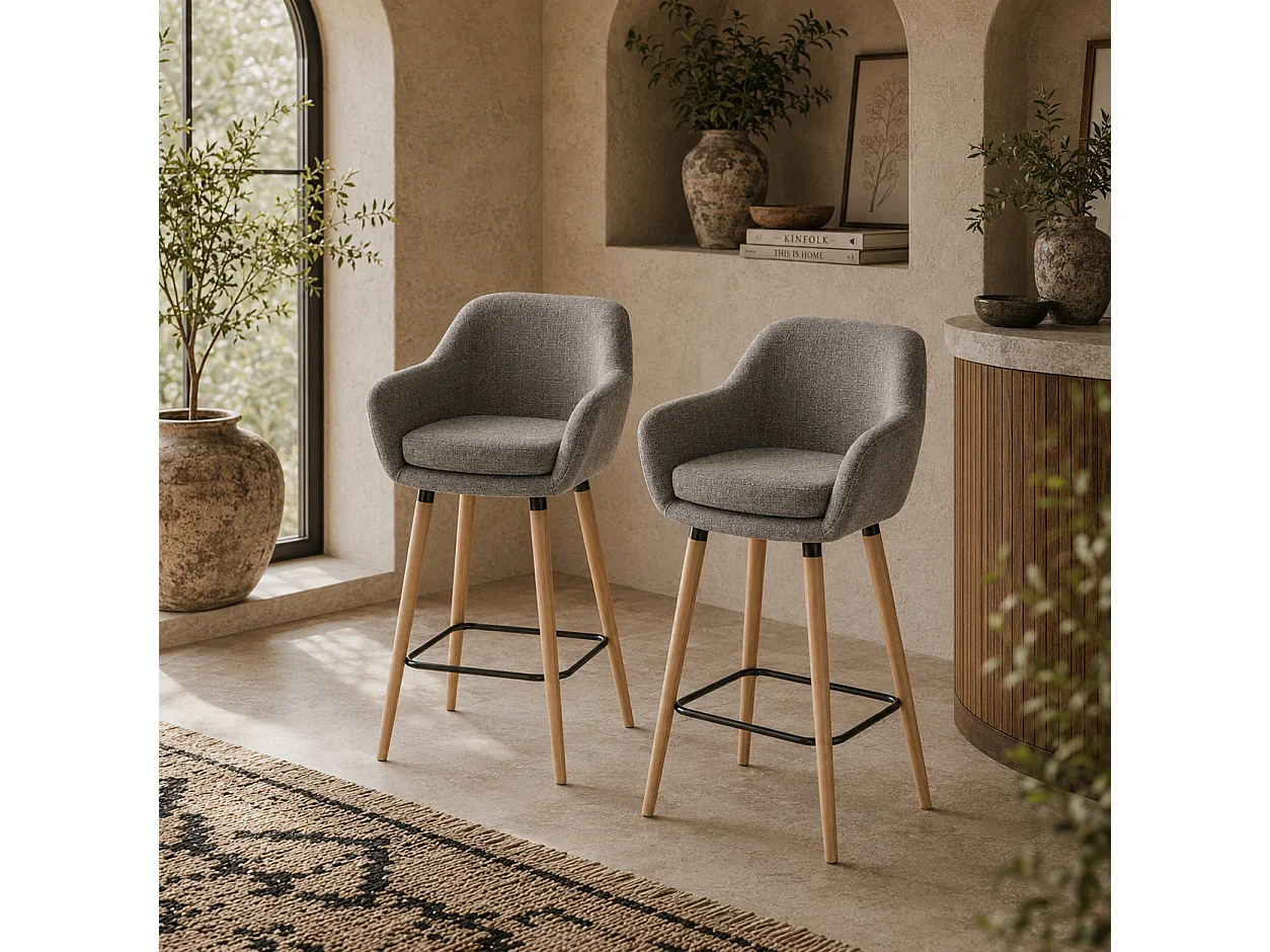 Nonozzi Grey Fabric Bar Stools Set of 2 Solid Wood Legs Metal Frame