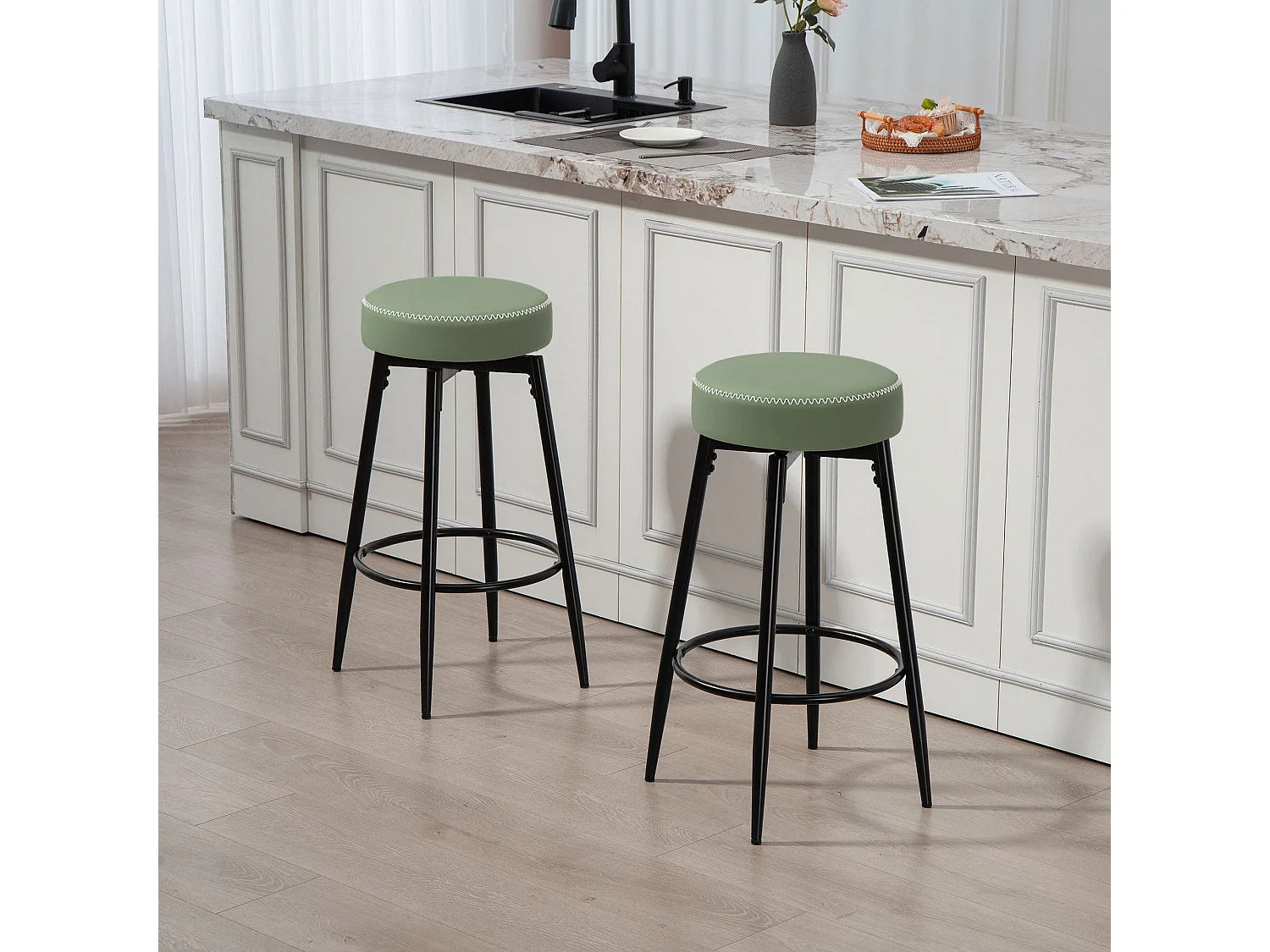 Rivali Faux Leather Bar Stools Set of 2 Green and Black Swivel with Footrests