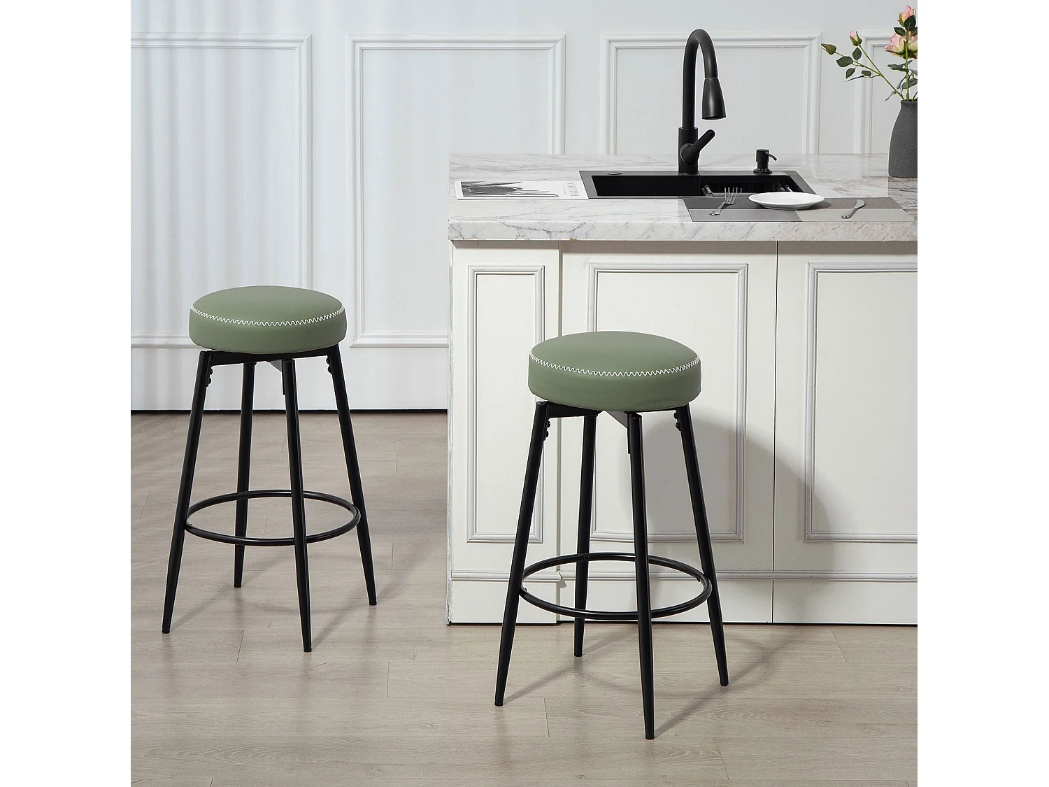 Rivali Faux Leather Bar Stools Set of 2 Green and Black Swivel with Footrests