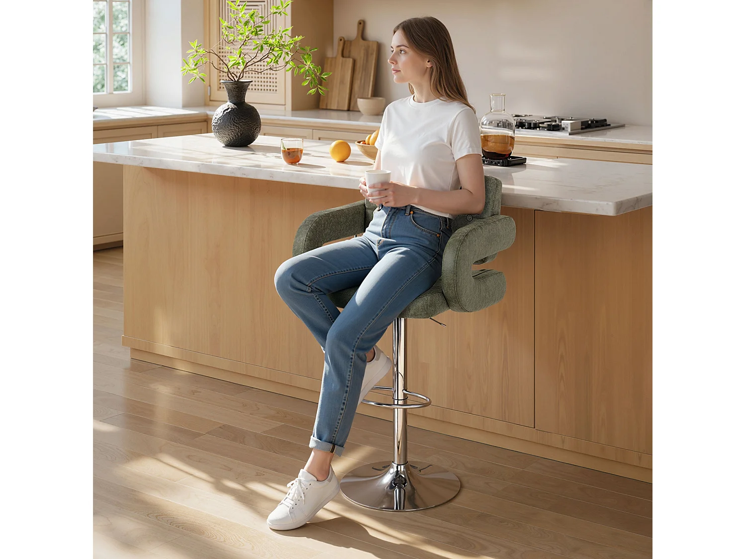 Dovetti Green Tufted Faux Leather Swivel Bar Stool with Armrests Adjustable Height