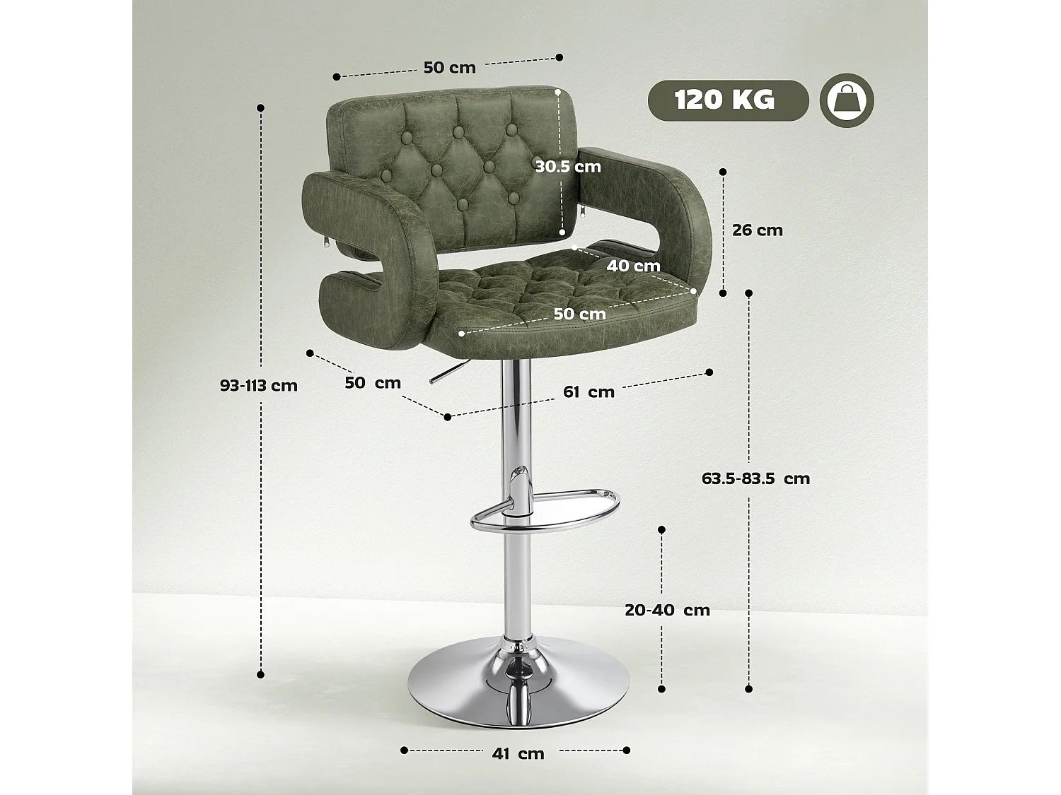 Dovetti Green Tufted Faux Leather Swivel Bar Stool with Armrests Adjustable Height