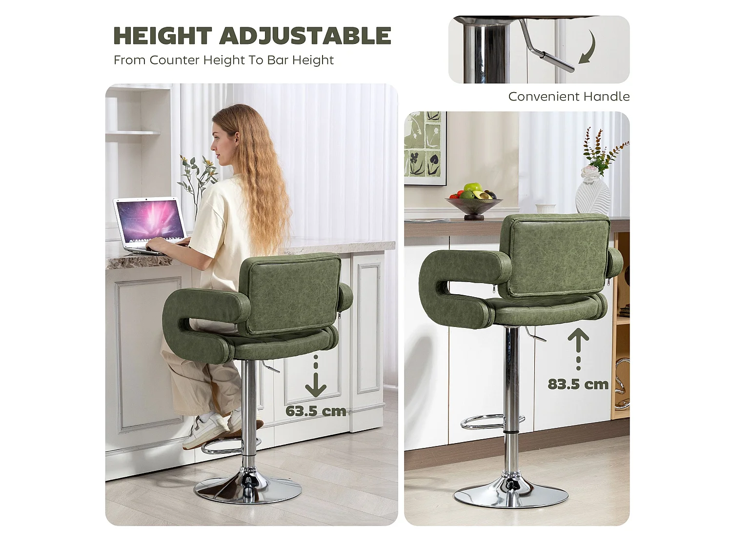 Dovetti Green Tufted Faux Leather Swivel Bar Stool with Armrests Adjustable Height