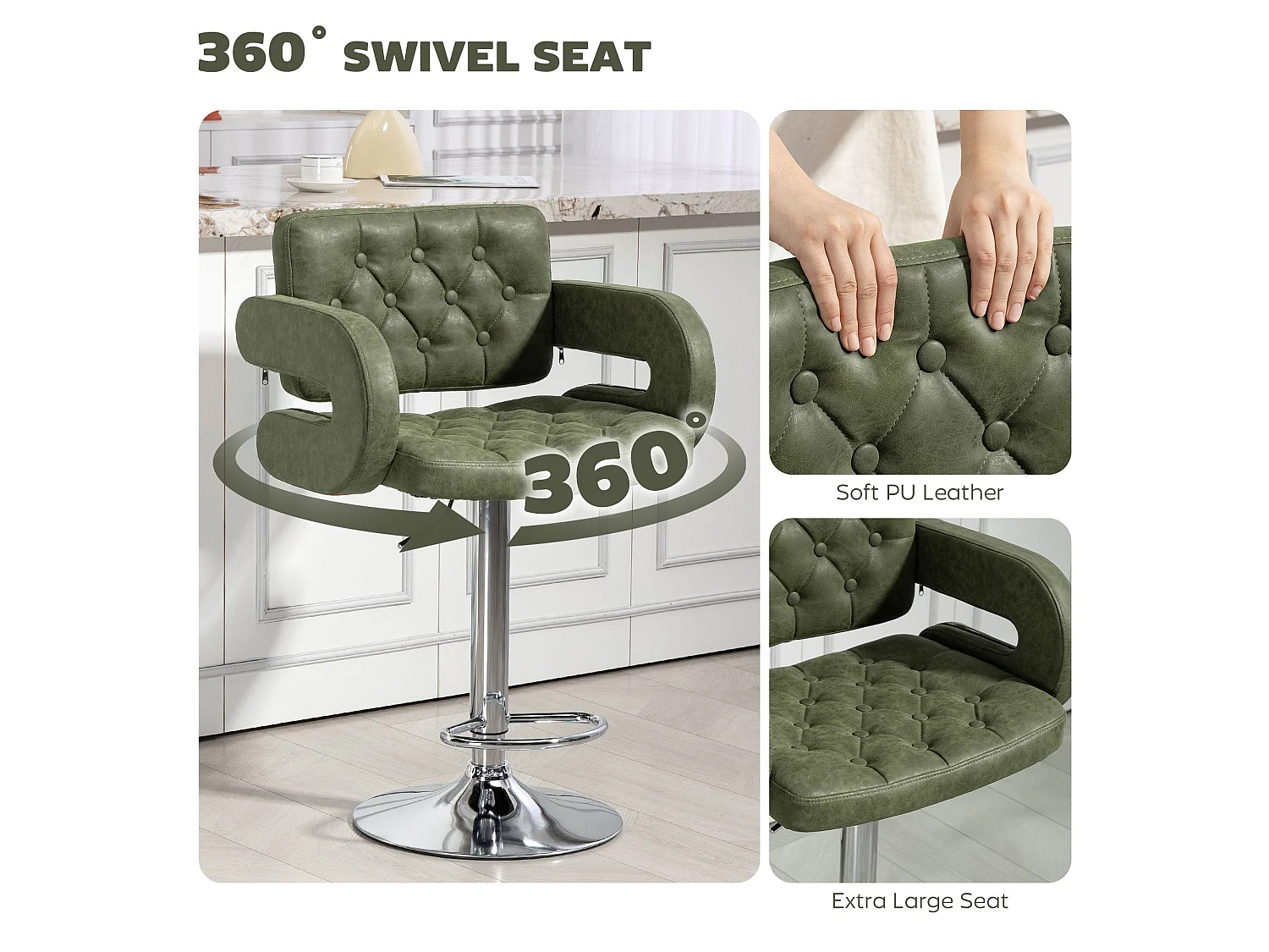 Dovetti Green Tufted Faux Leather Swivel Bar Stool with Armrests Adjustable Height