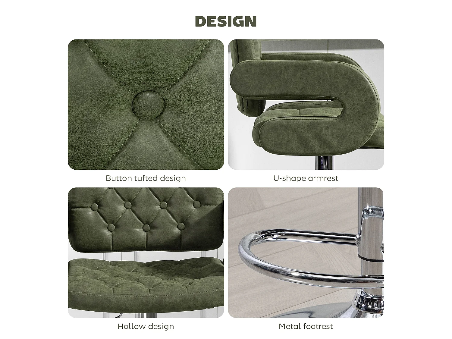 Dovetti Green Tufted Faux Leather Swivel Bar Stool with Armrests Adjustable Height