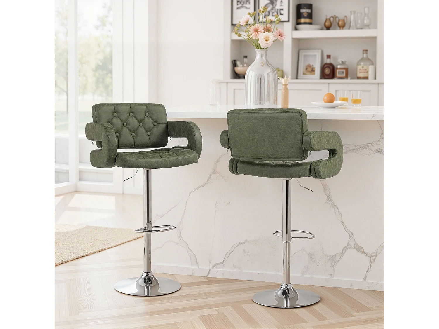 Dovetti Green Tufted Faux Leather Swivel Bar Stool with Armrests Adjustable Height