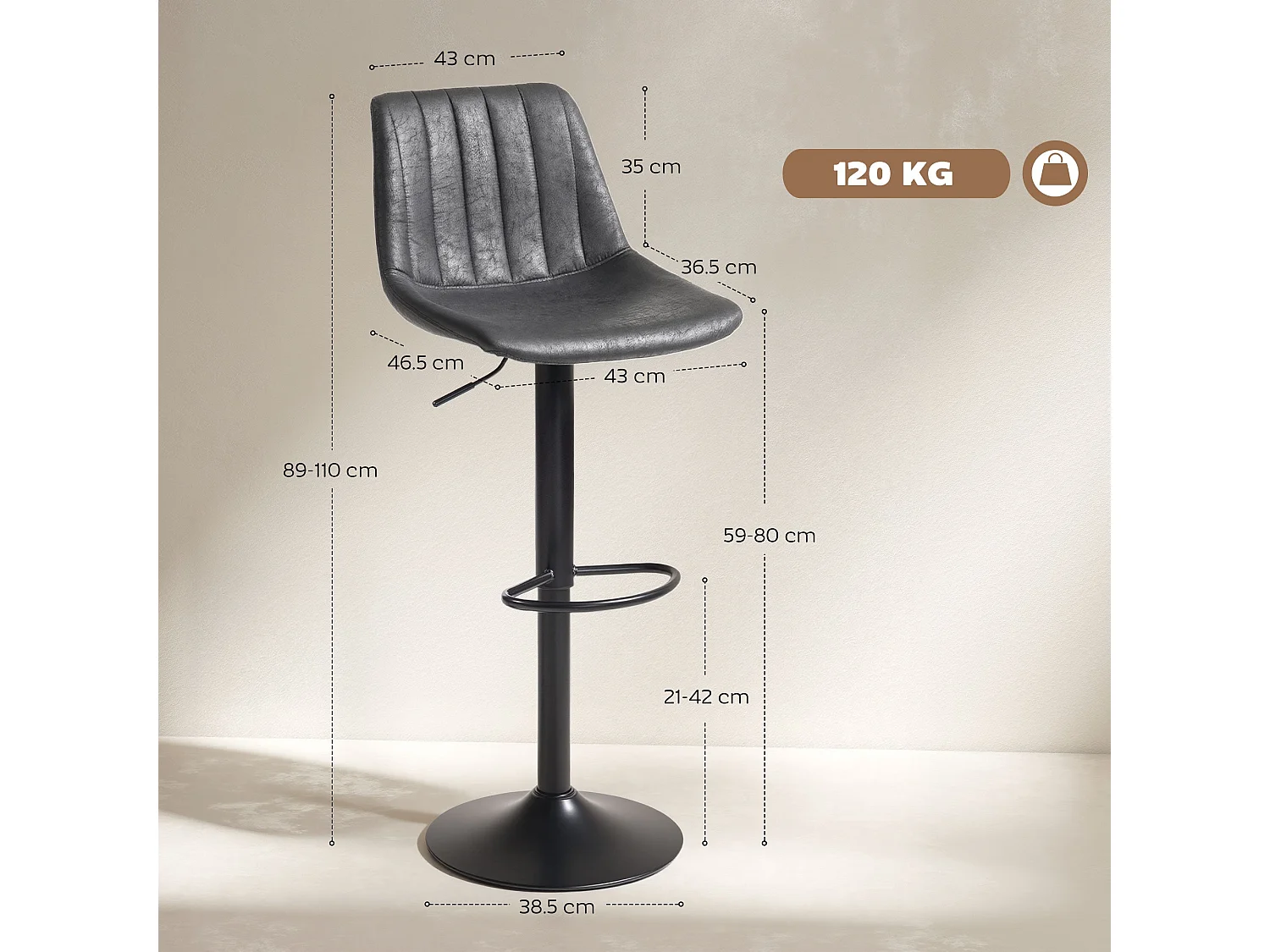 Rotteli Set of 2 Charcoal Grey Faux Leather Tub Bar Stools