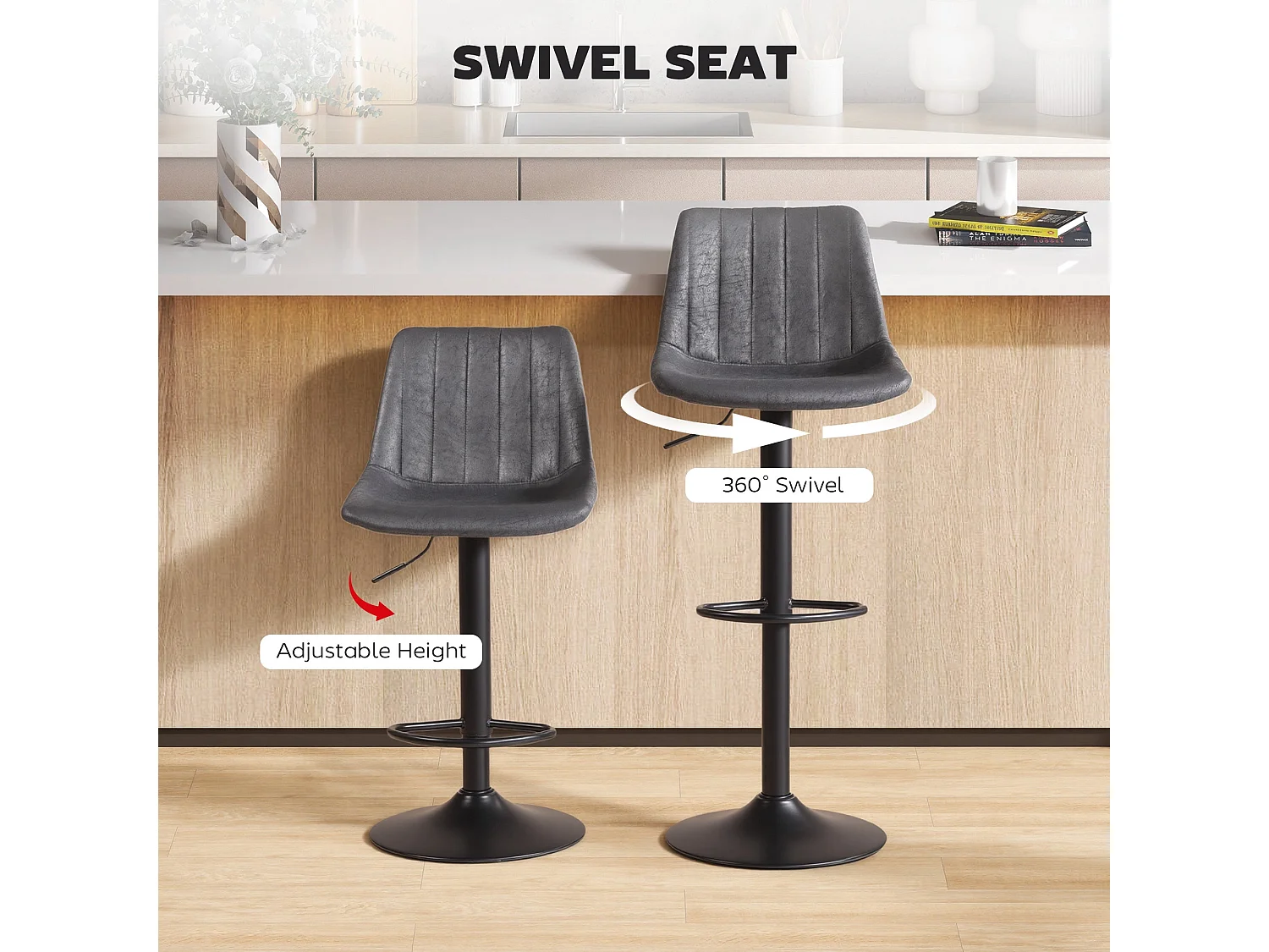 Rotteli Set of 2 Charcoal Grey Faux Leather Tub Bar Stools