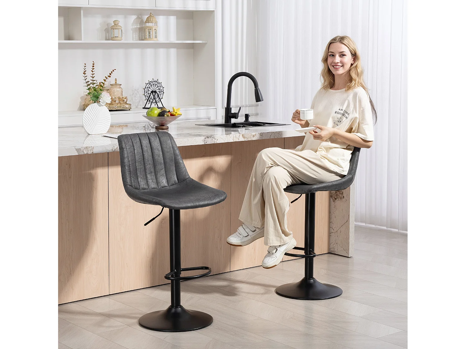 Rotteli Set of 2 Charcoal Grey Faux Leather Tub Bar Stools