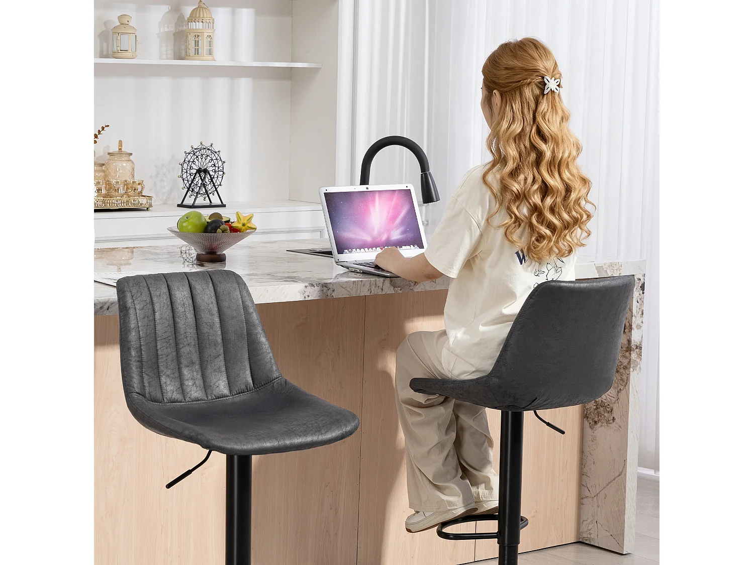 Rotteli Set of 2 Charcoal Grey Faux Leather Tub Bar Stools
