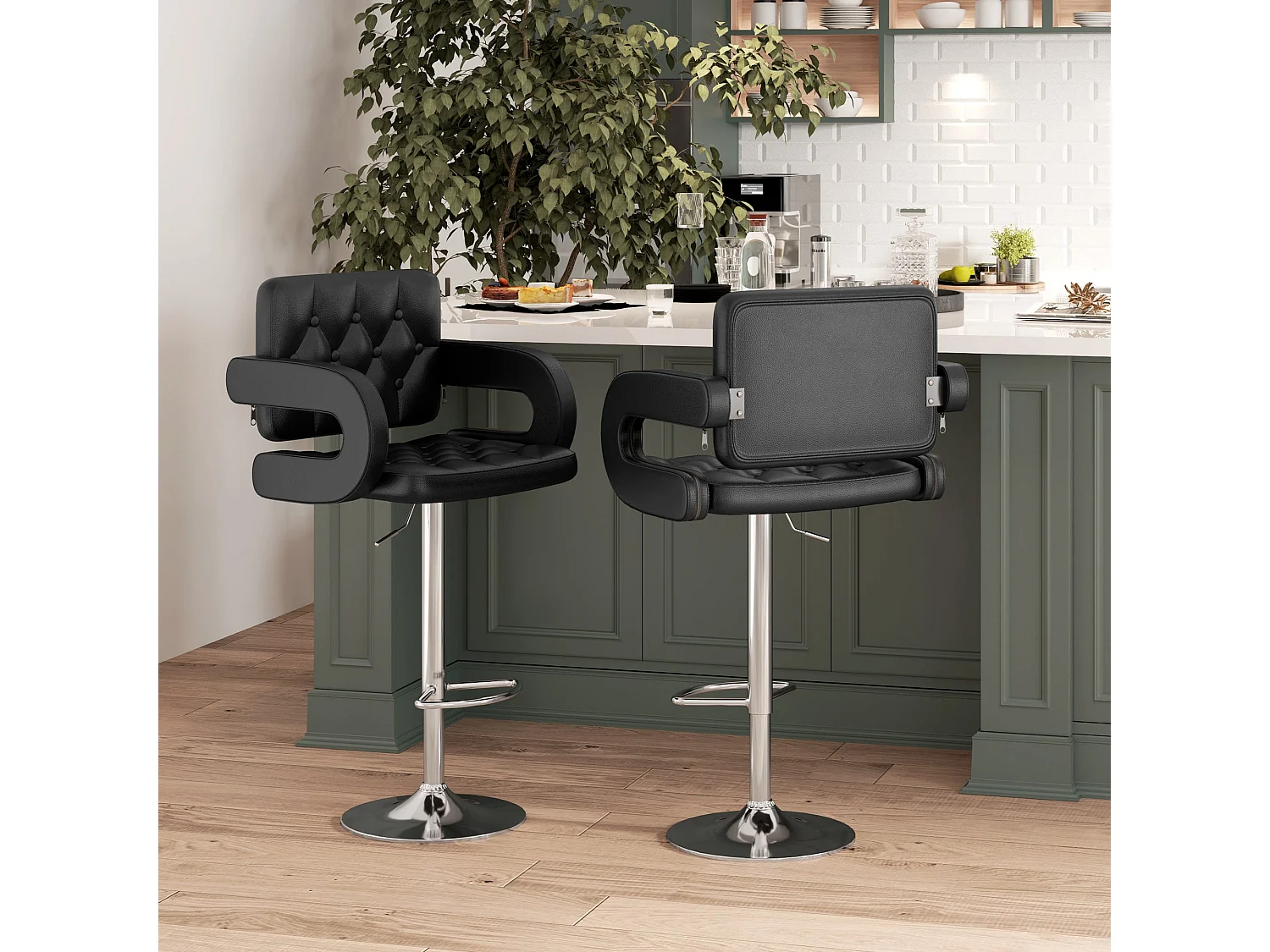 Hafi Rino Black Faux Leather Adjustable Swivel Bar Stools Set of 2 with Back and Armrests
