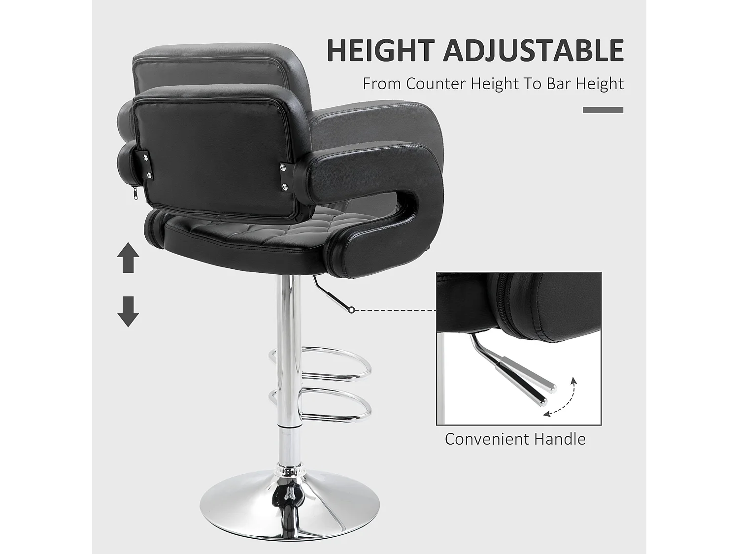 Hafi Rino Black Faux Leather Adjustable Swivel Bar Stools Set of 2 with Back and Armrests