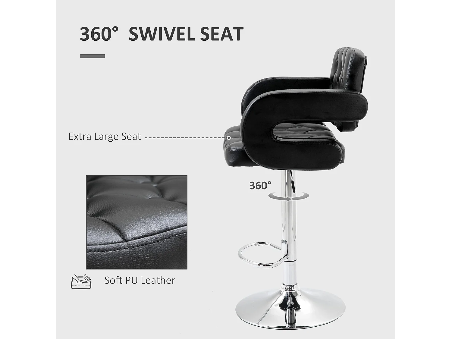 Hafi Rino Black Faux Leather Adjustable Swivel Bar Stools Set of 2 with Back and Armrests