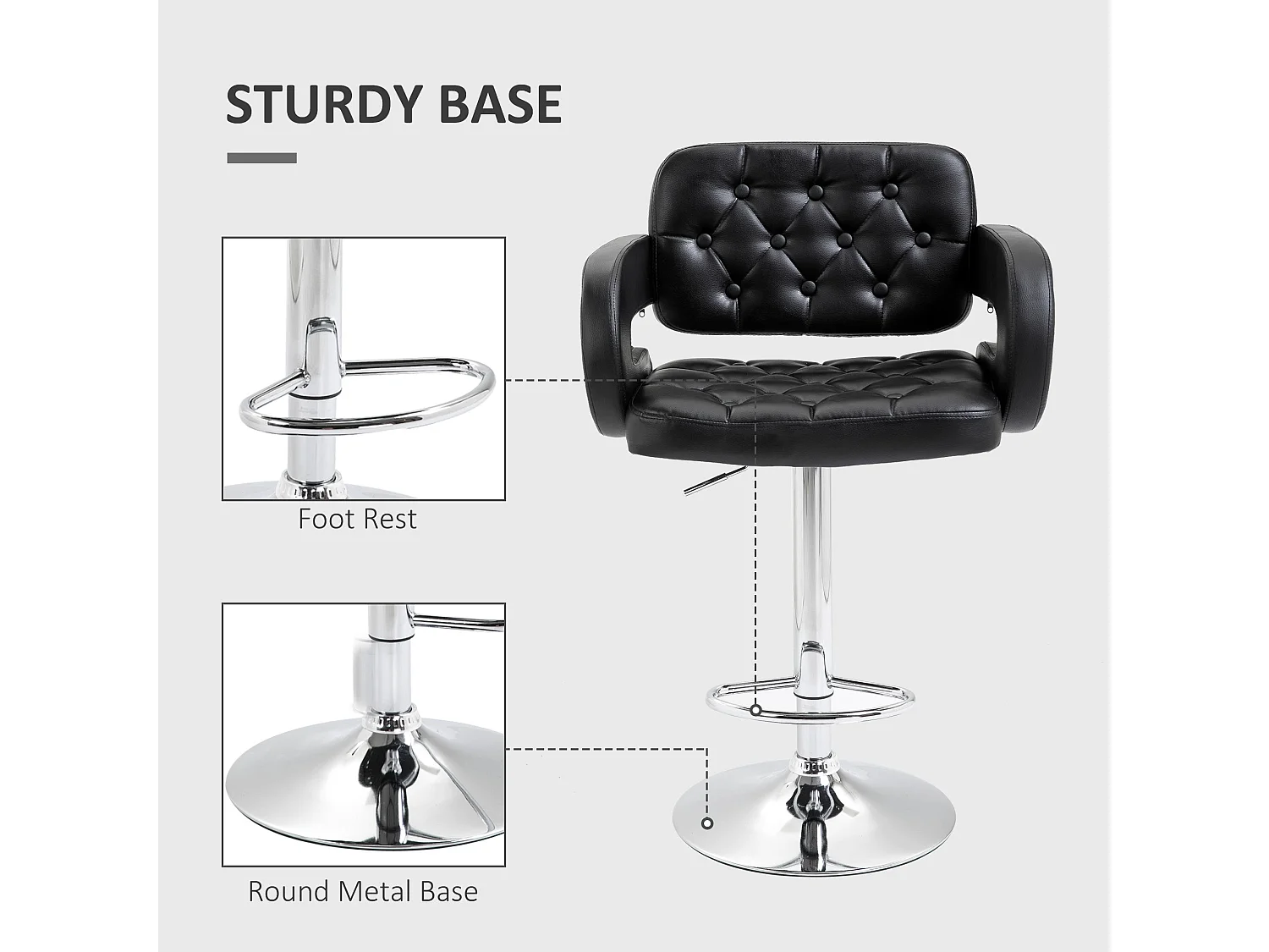 Hafi Rino Black Faux Leather Adjustable Swivel Bar Stools Set of 2 with Back and Armrests