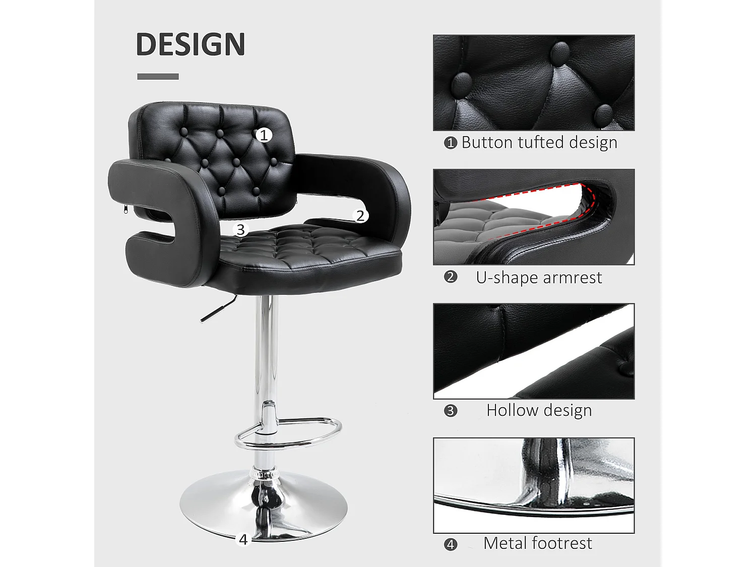 Hafi Rino Black Faux Leather Adjustable Swivel Bar Stools Set of 2 with Back and Armrests
