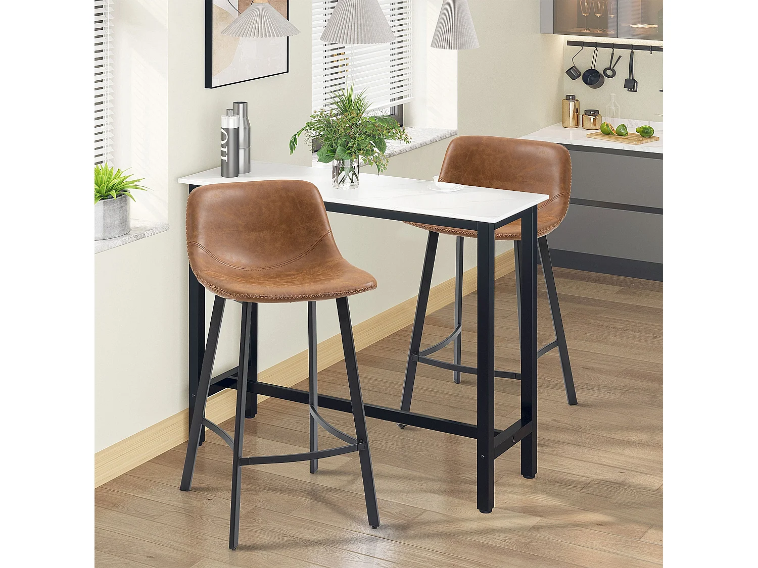 Lilu Dilu Set of 2 Brown Industrial Kitchen Bar Stools Fixed Height Reinforced Frame