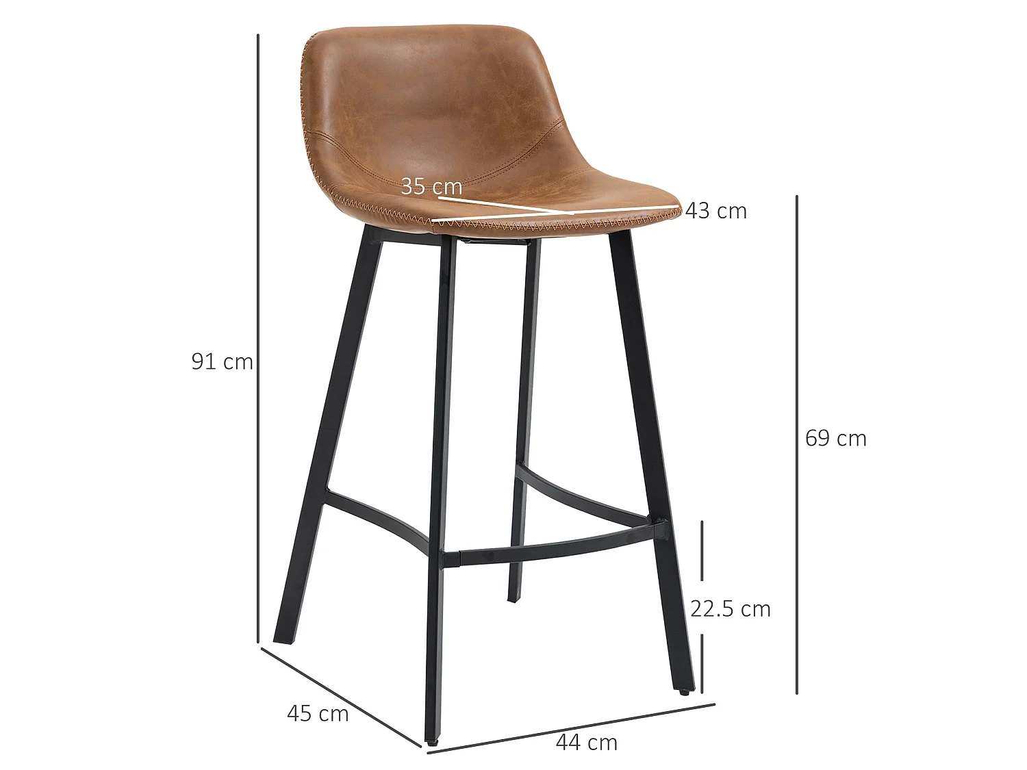 Lilu Dilu Set of 2 Brown Industrial Kitchen Bar Stools Fixed Height Reinforced Frame