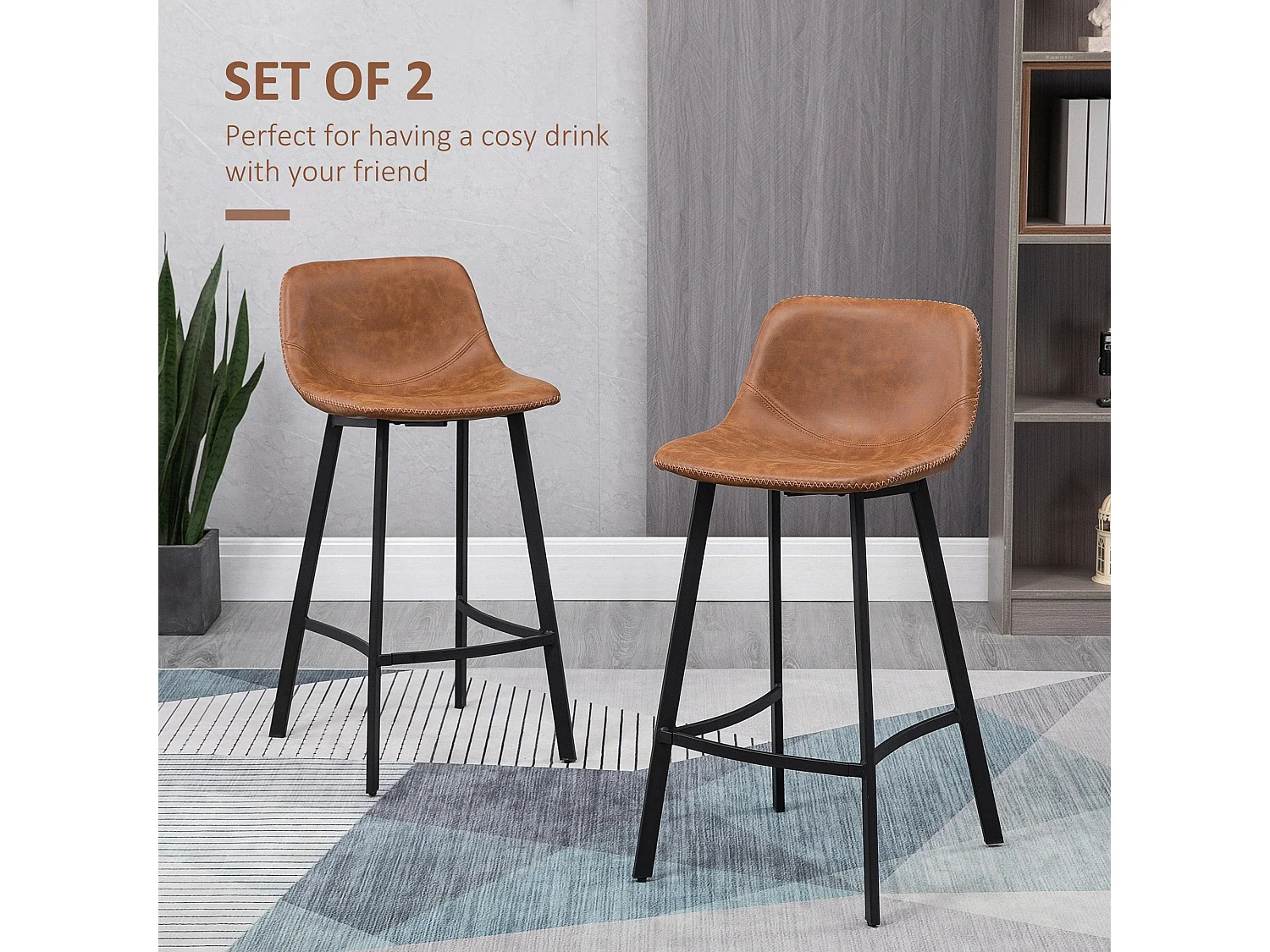 Lilu Dilu Set of 2 Brown Industrial Kitchen Bar Stools Fixed Height Reinforced Frame