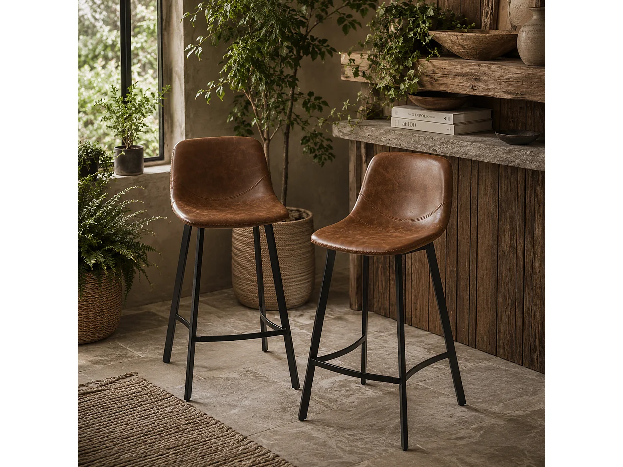 Lilu Dilu Set of 2 Brown Industrial Kitchen Bar Stools Fixed Height Reinforced Frame