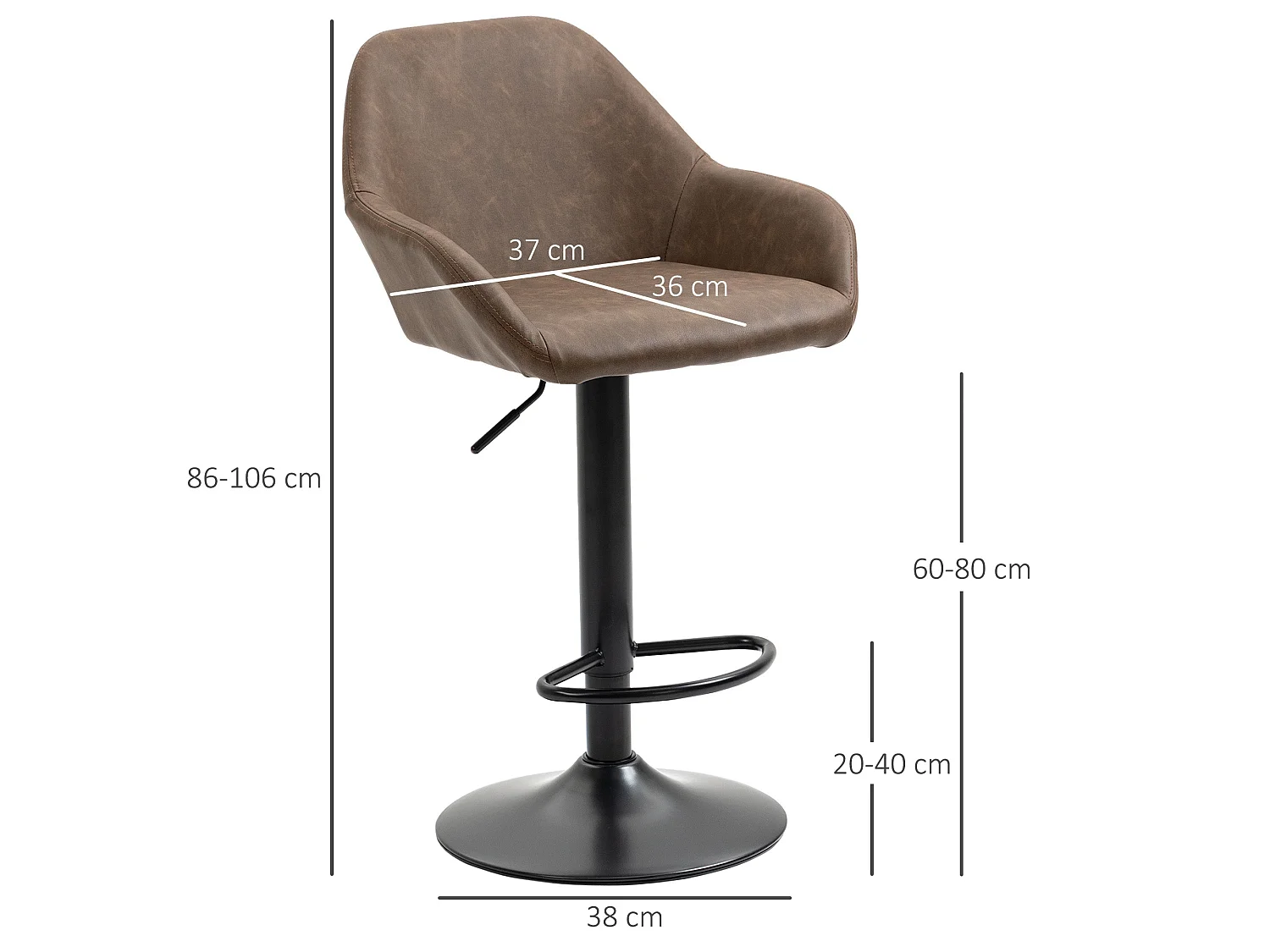 Fadota Set of 2 Dark Brown Faux Leather Adjustable Bar Stools with Armrests