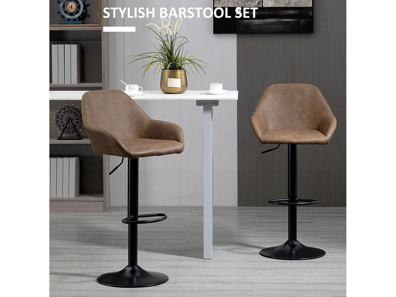 Fadota Set of 2 Dark Brown Faux Leather Adjustable Bar Stools with Armrests