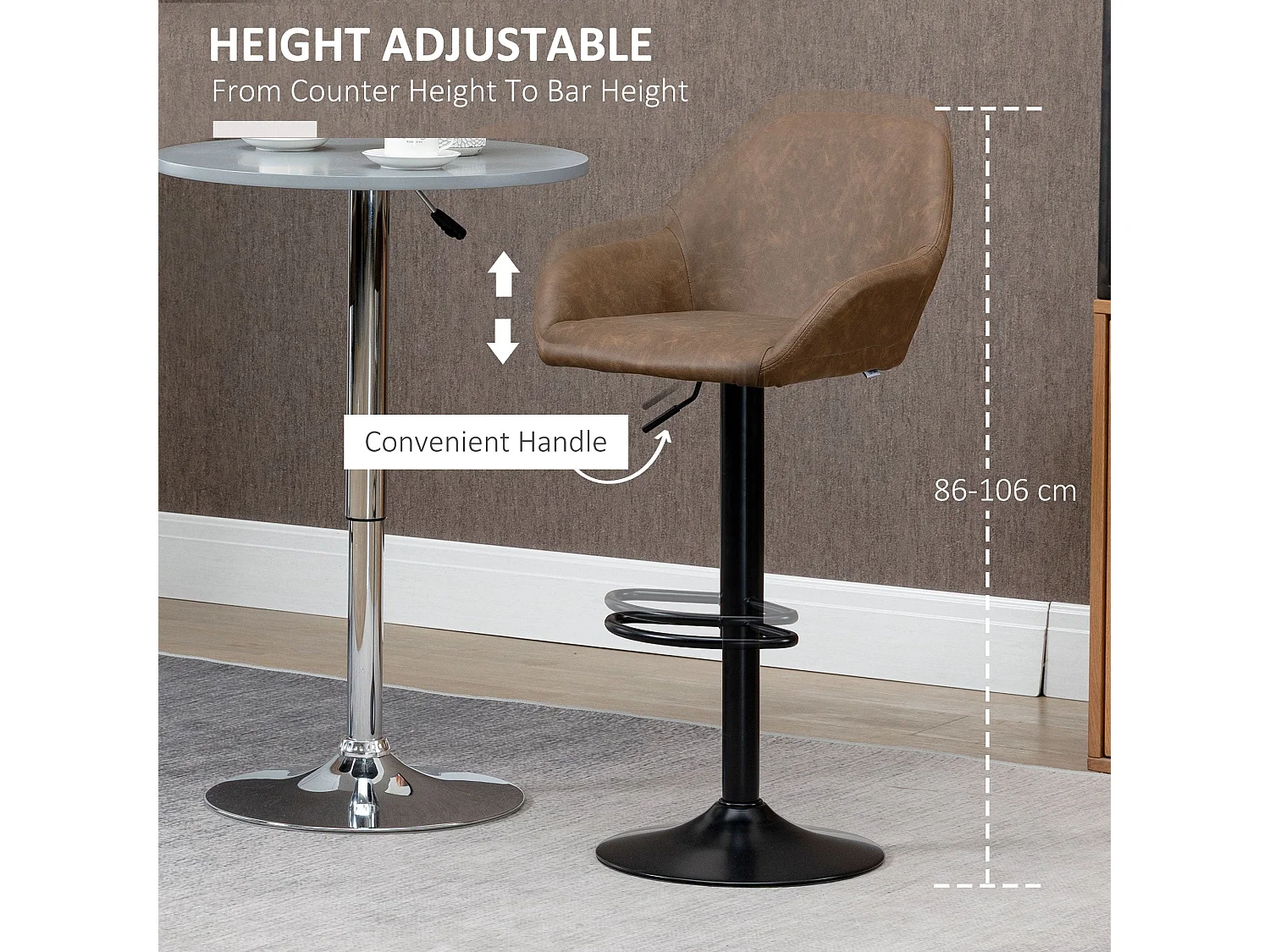 Fadota Set of 2 Dark Brown Faux Leather Adjustable Bar Stools with Armrests
