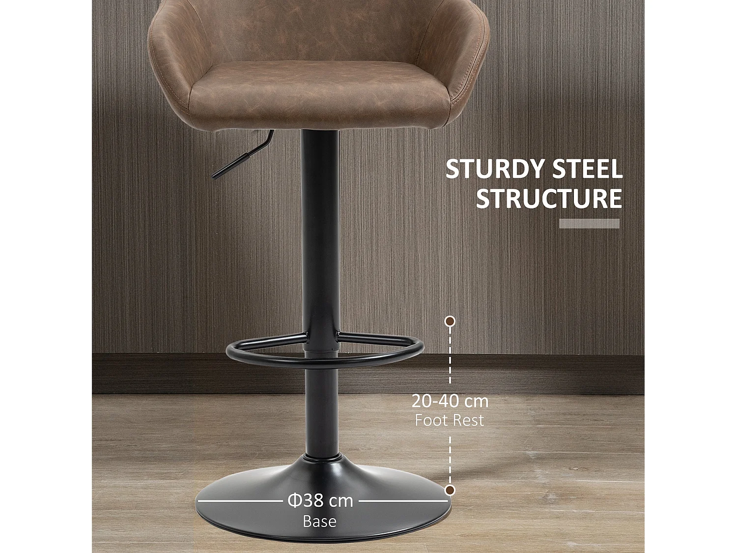 Fadota Set of 2 Dark Brown Faux Leather Adjustable Bar Stools with Armrests