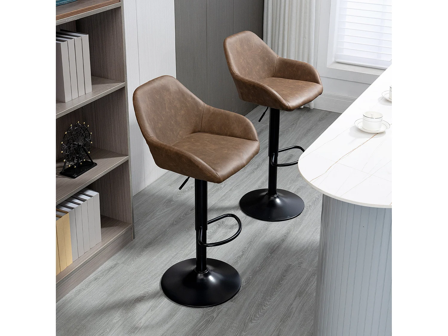 Fadota Set of 2 Dark Brown Faux Leather Adjustable Bar Stools with Armrests