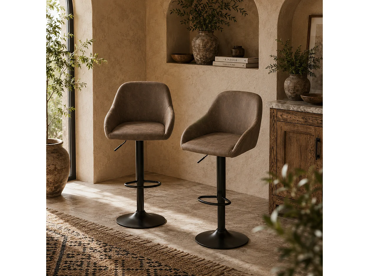 Fadota Set of 2 Dark Brown Faux Leather Adjustable Bar Stools with Armrests
