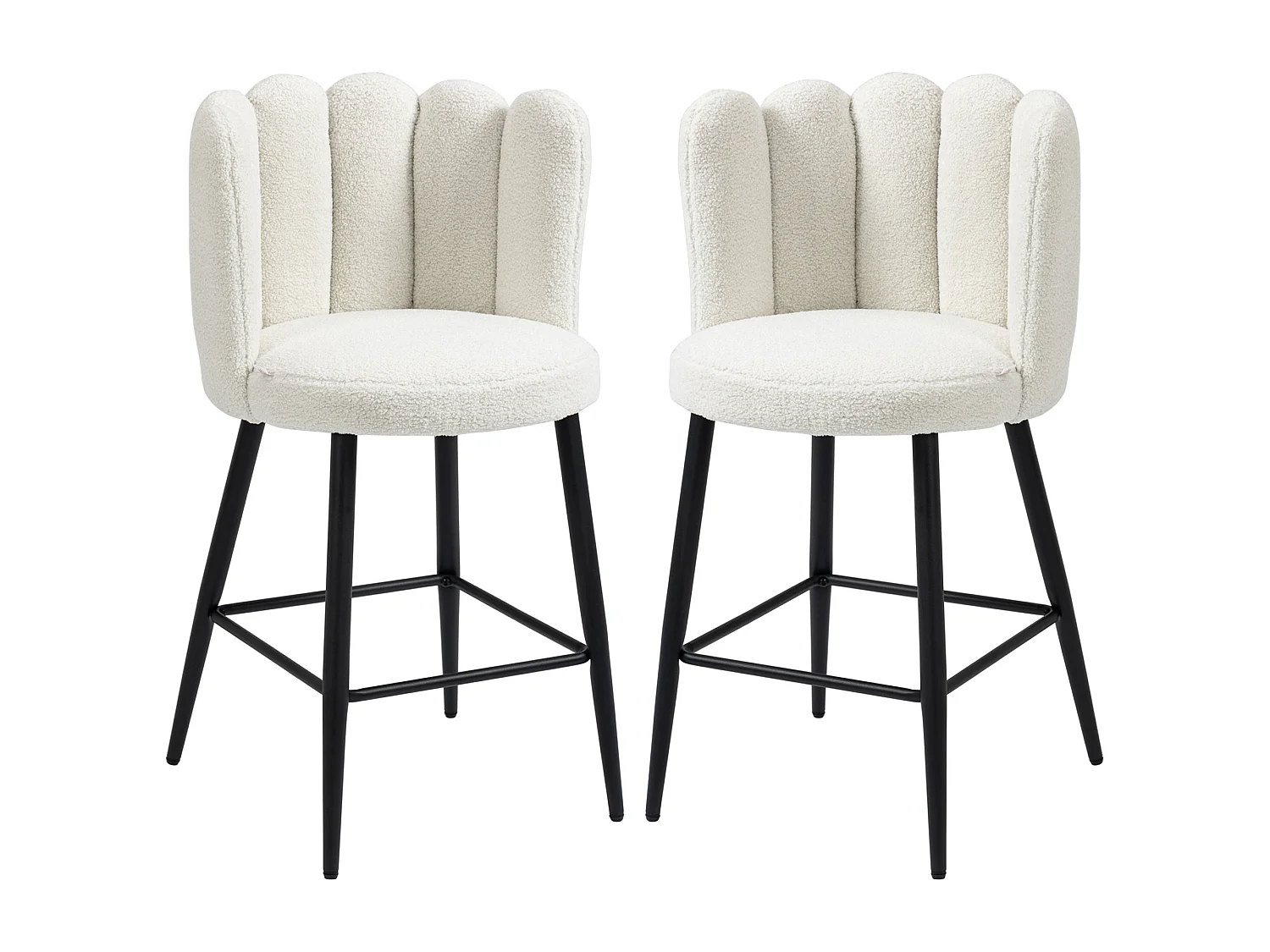 Ettine Scallop Boucle Cream Upholstered Bar Stools Set of 2 65cm Seat Height Stainless Steel Base and Footrest