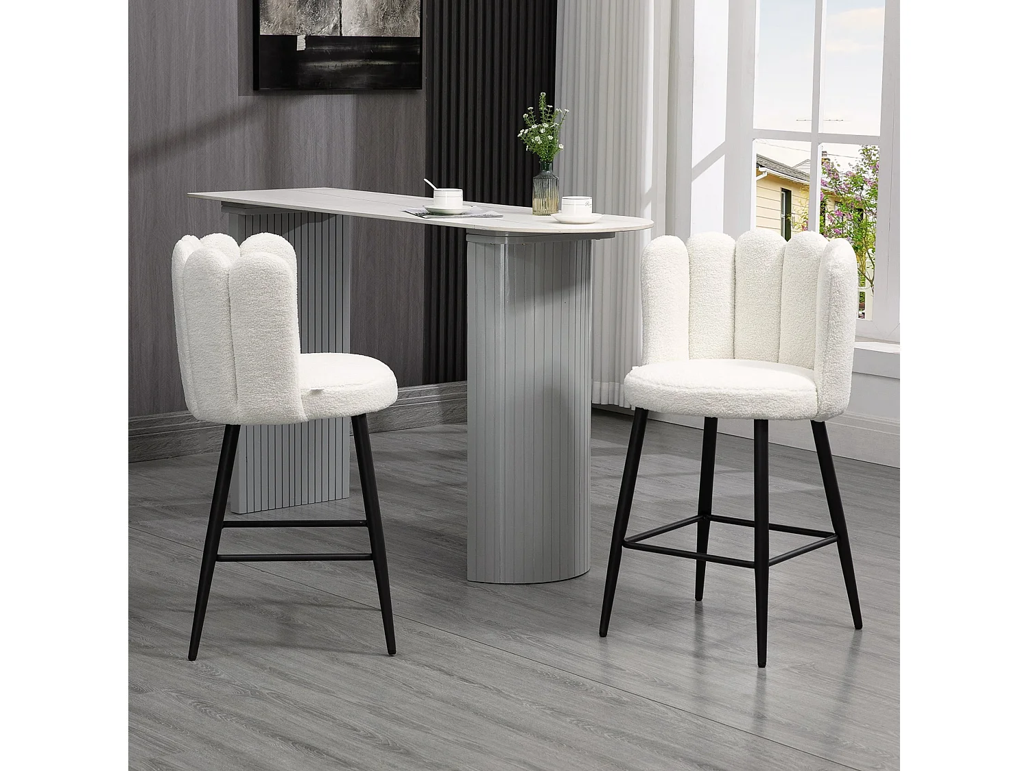 Ettine Scallop Boucle Cream Upholstered Bar Stools Set of 2 65cm Seat Height Stainless Steel Base and Footrest
