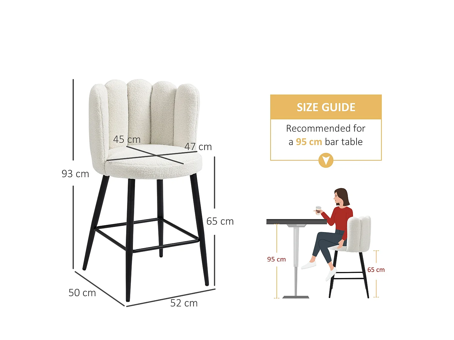 Ettine Scallop Boucle Cream Upholstered Bar Stools Set of 2 65cm Seat Height Stainless Steel Base and Footrest